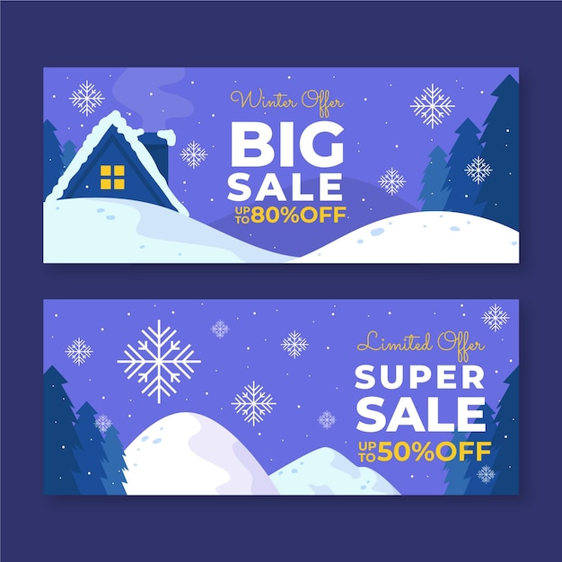 Conjunto de banners de rebajas de invierno horizontal plano dibujado a mano