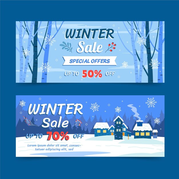 Conjunto de banners de rebajas de invierno horizontal plano dibujado a mano