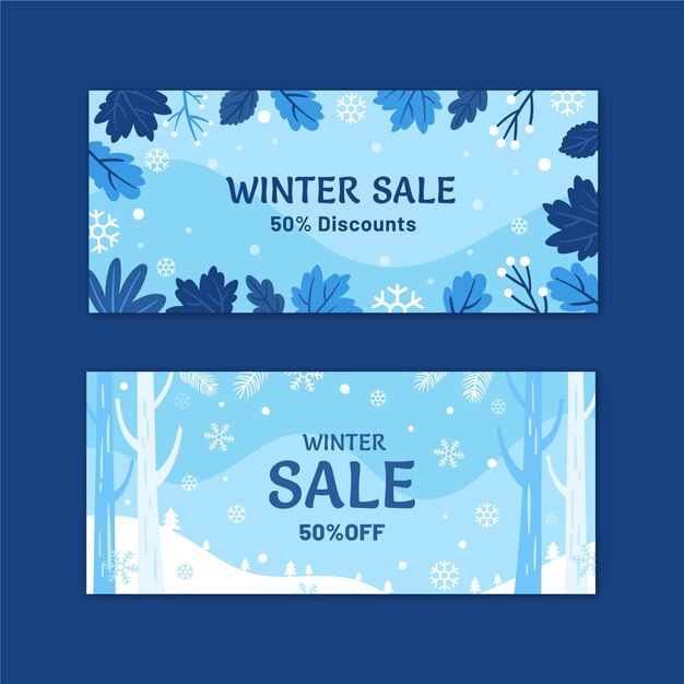 Conjunto de banners de rebajas de invierno horizontal plano dibujado a mano