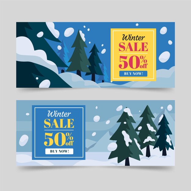 Conjunto de banners de rebajas de invierno horizontal plano dibujado a mano
