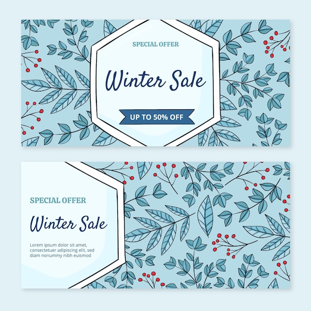 Conjunto de banners de rebajas de invierno horizontales dibujados a mano