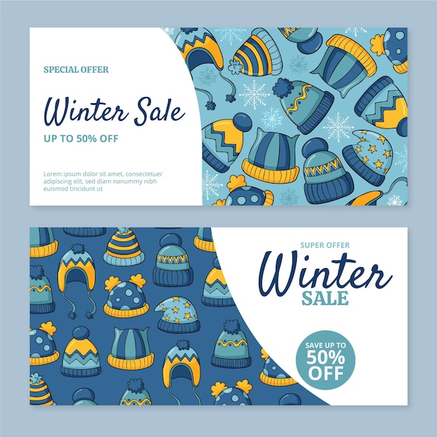 Vector gratuito conjunto de banners de rebajas de invierno horizontales dibujados a mano