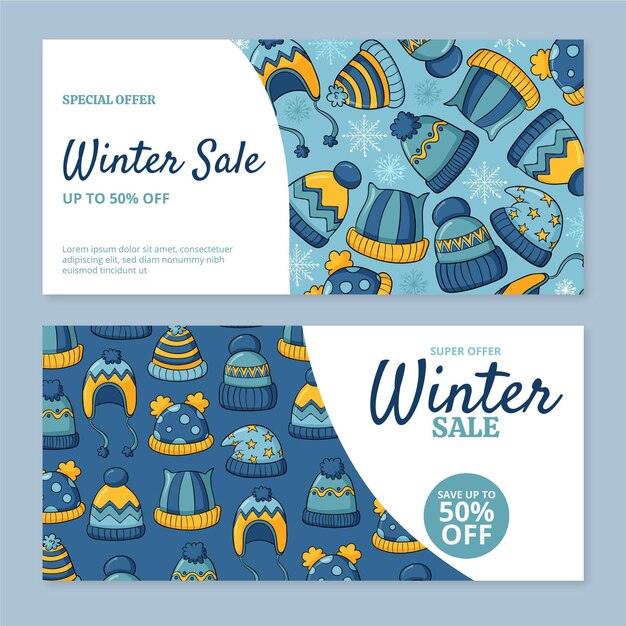 Conjunto de banners de rebajas de invierno horizontales dibujados a mano