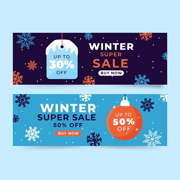 Conjunto de banners de rebajas de invierno plano horizontal