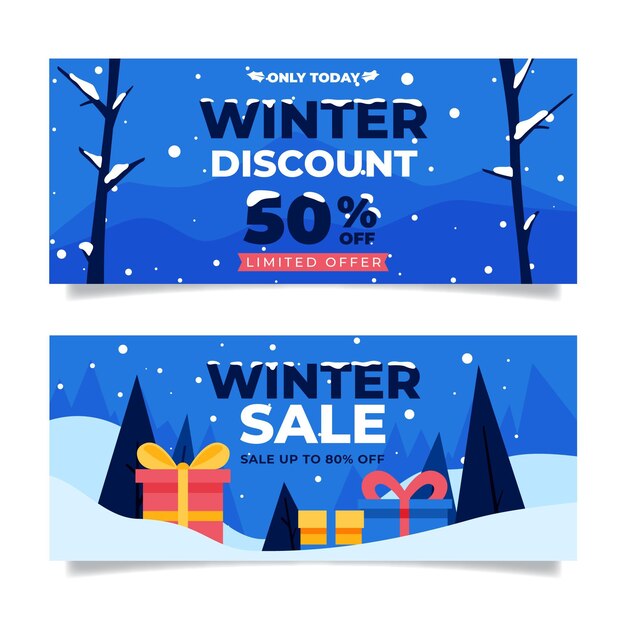 Conjunto de banners de rebajas de invierno plano horizontal