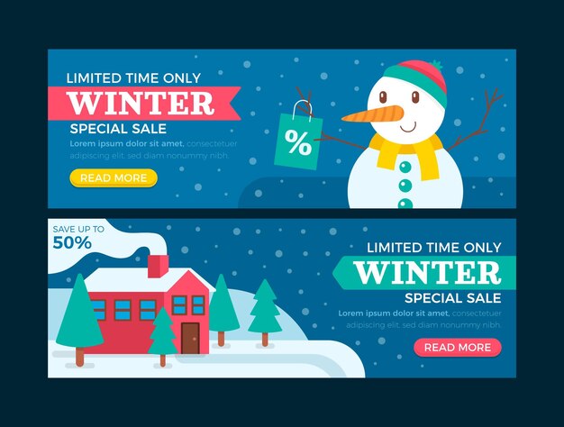 Conjunto de banners de rebajas de invierno plano horizontal
