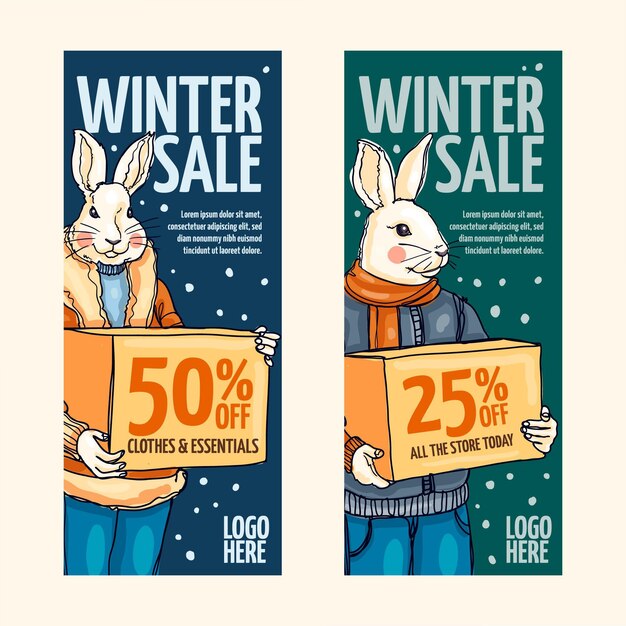 Conjunto de banners de rebajas de invierno verticales dibujados a mano