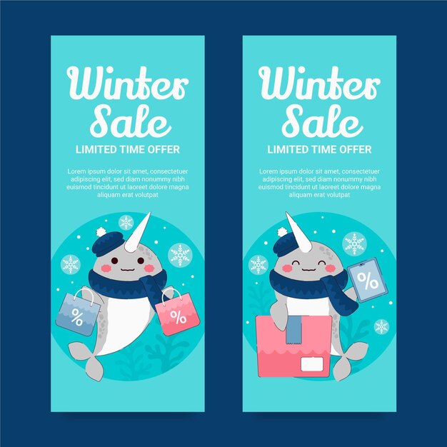 Conjunto de banners de rebajas de invierno verticales planos dibujados a mano