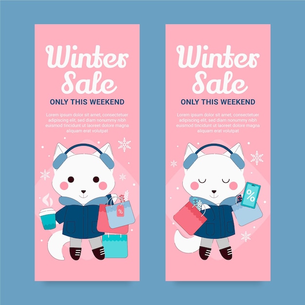 Conjunto de banners de rebajas de invierno verticales planos dibujados a mano