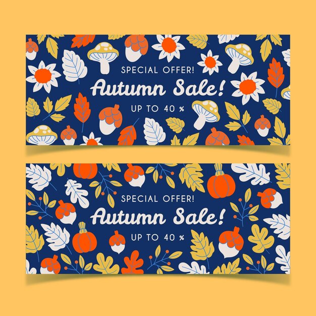 Conjunto de banners de rebajas de otoño dibujados a mano