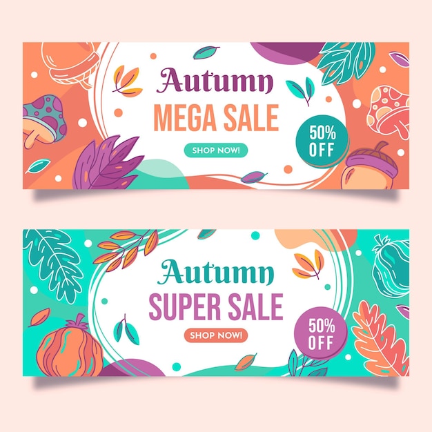 Conjunto de banners de rebajas de otoño horizontales dibujados a mano