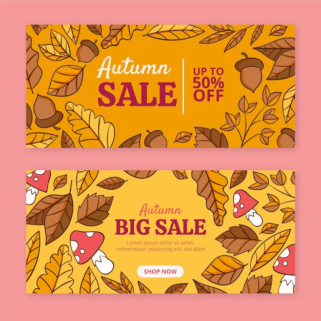 Vector gratuito conjunto de banners de rebajas de otoño horizontales dibujados a mano