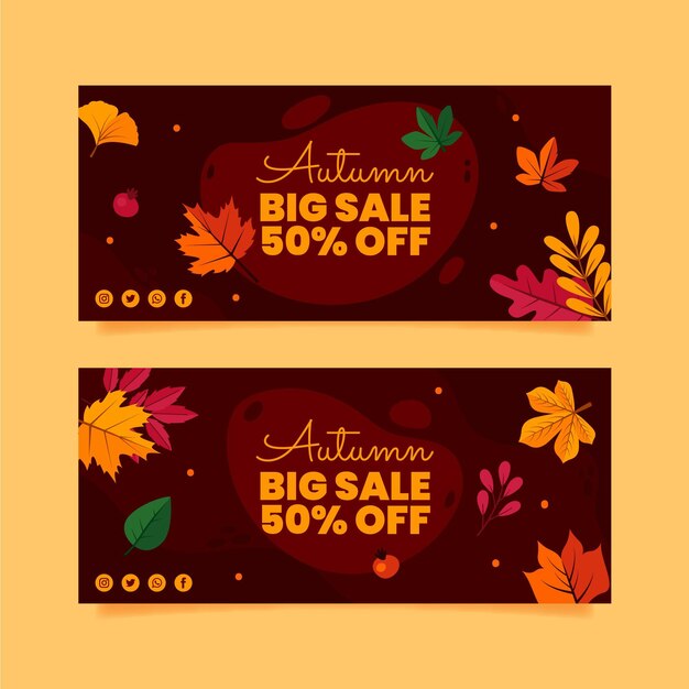 Vector gratuito conjunto de banners de rebajas de otoño horizontales planas