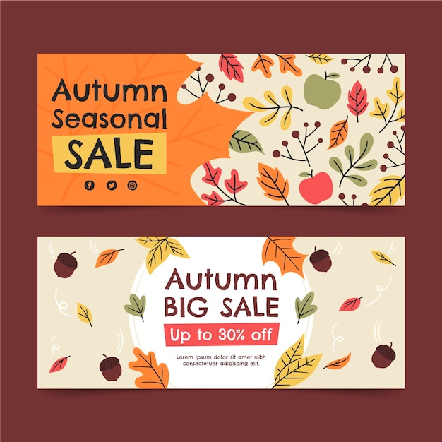 Vector gratuito conjunto de banners de rebajas de otoño horizontales planos dibujados a mano