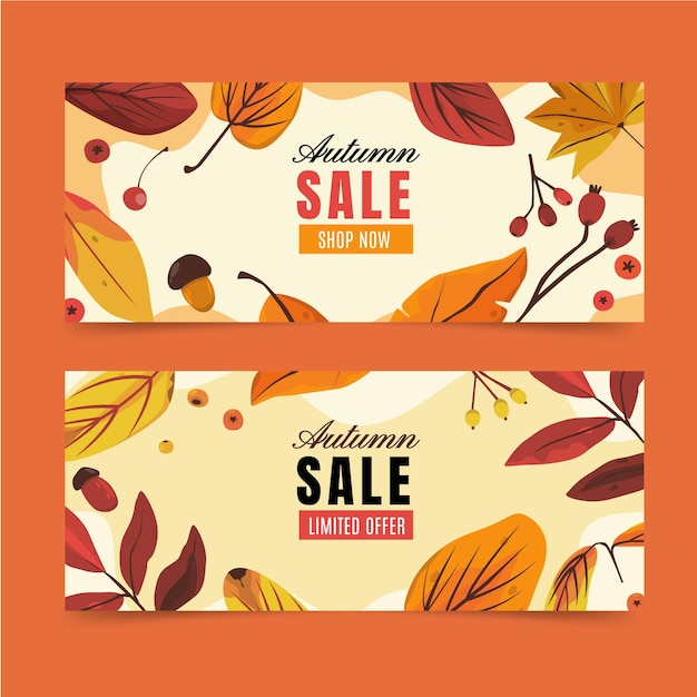 Vector gratuito conjunto de banners de rebajas de otoño horizontales planos dibujados a mano