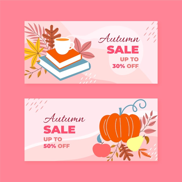 Conjunto de banners de rebajas de otoño horizontales planos dibujados a mano