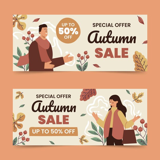 Conjunto de banners de rebajas de otoño horizontales planos dibujados a mano