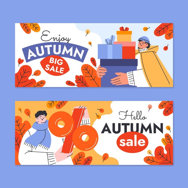 Conjunto de banners de rebajas de otoño horizontales planos dibujados a mano