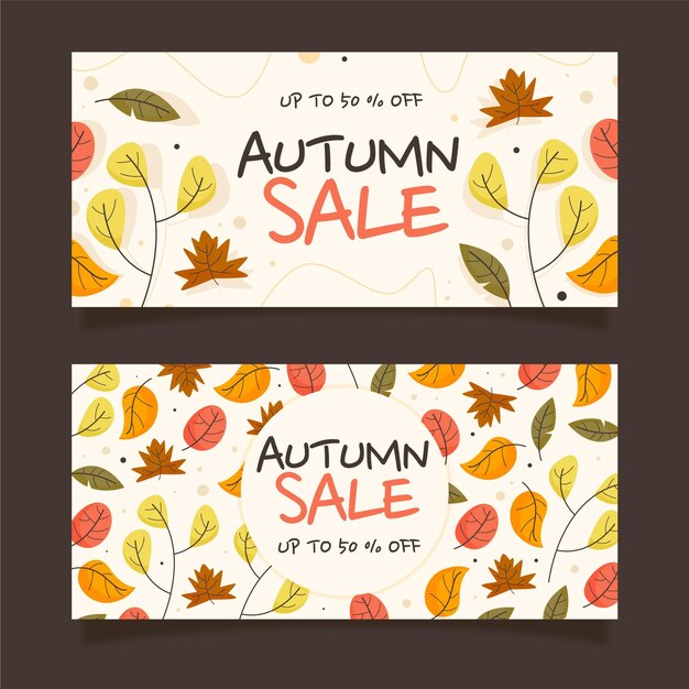 Conjunto de banners de rebajas de otoño plano dibujado a mano