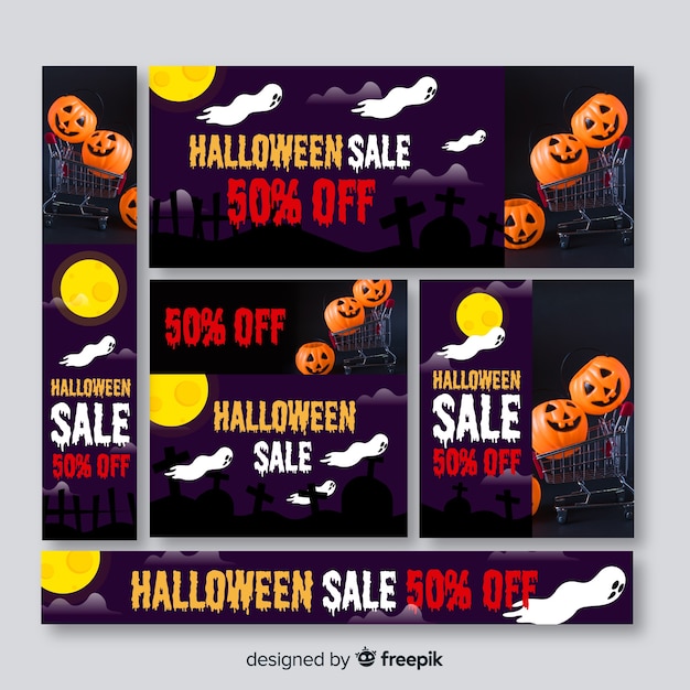 Vector gratuito conjunto de banners de rebajas web de halloween con foto