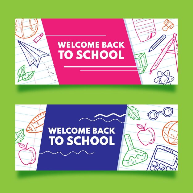 Conjunto de banners de regreso a la escuela dibujados a mano