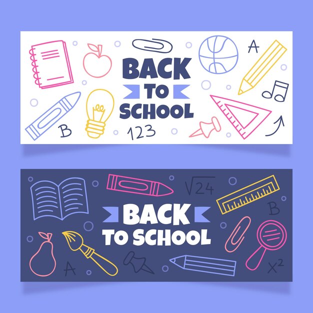 Conjunto de banners de regreso a la escuela dibujados a mano