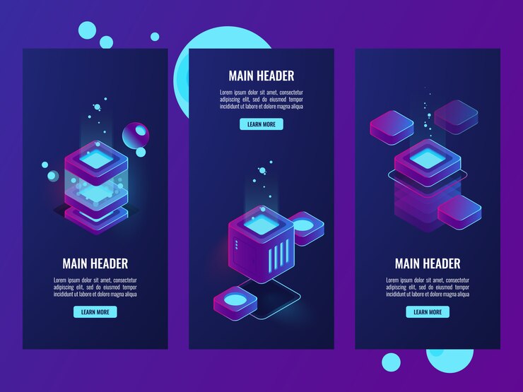 Vector gratuito conjunto de banners de sala de servidores y tecnología digital, sala de servidores, base de datos y centro de datos