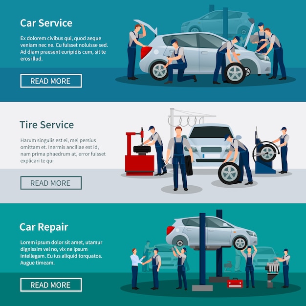 Conjunto de banners de servicios de reparación de automóviles