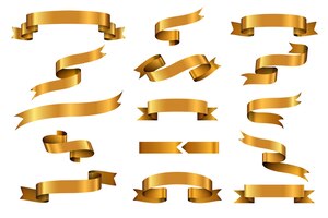 Vector gratuito conjunto de banners de vector de cinta brillante oro. etiqueta de cinta de oro brillante, etiqueta de cinta rizada, ilustración de cinta de oro brillante que agita