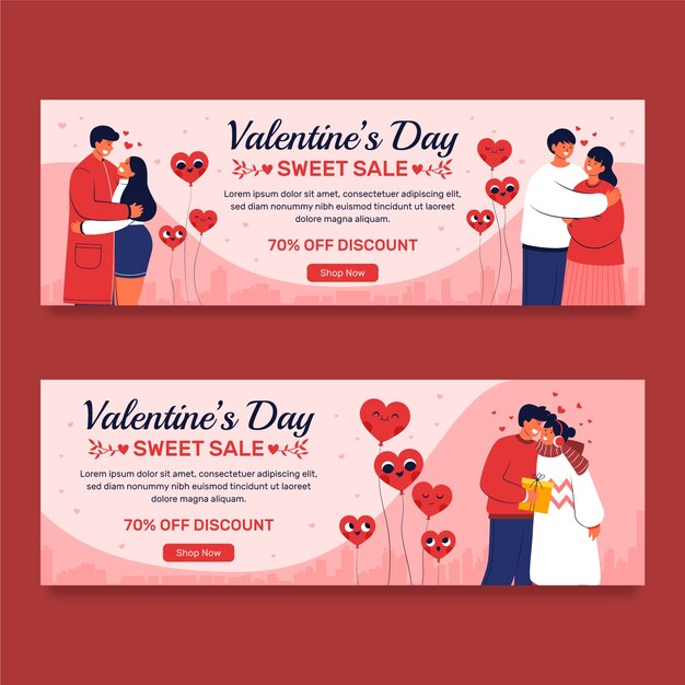 Conjunto de banners de venta de celebración de día de san valentín plano