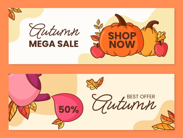 Conjunto de banners de venta de celebración de otoño dibujados a mano