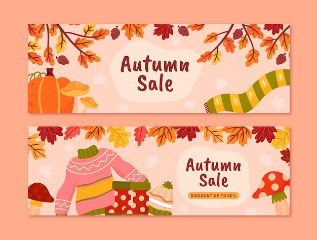 Conjunto de banners de venta de celebración de otoño plano