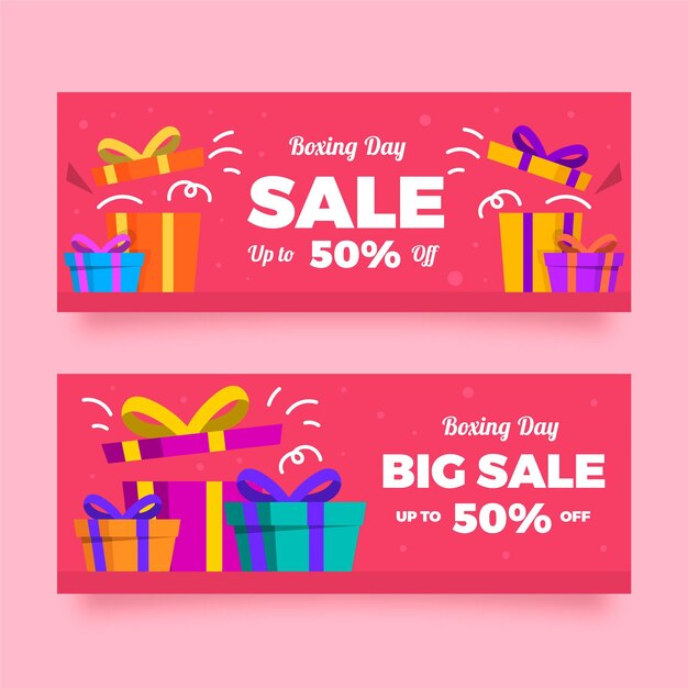 Conjunto de banners de venta de día de boxeo plano horizontal dibujado a mano