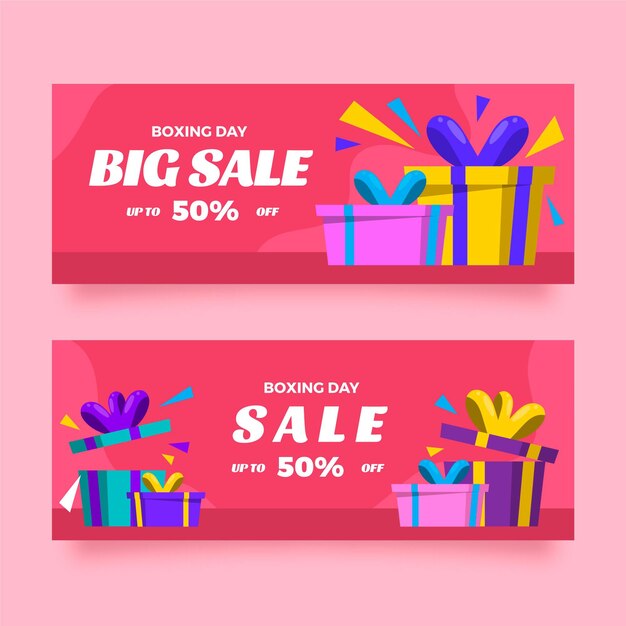 Conjunto de banners de venta de día de boxeo plano horizontal dibujado a mano