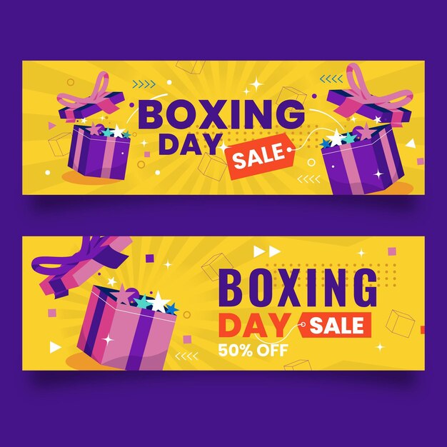 Conjunto de banners de venta de día de boxeo plano horizontal