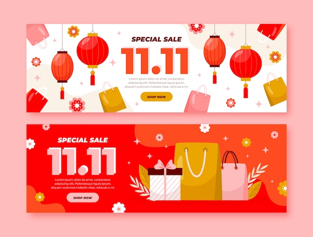 Conjunto de banners de venta de día de compras planas 11.11
