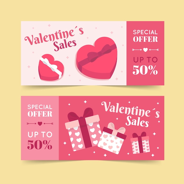 Conjunto de banners de venta de día de san valentín de diseño plano