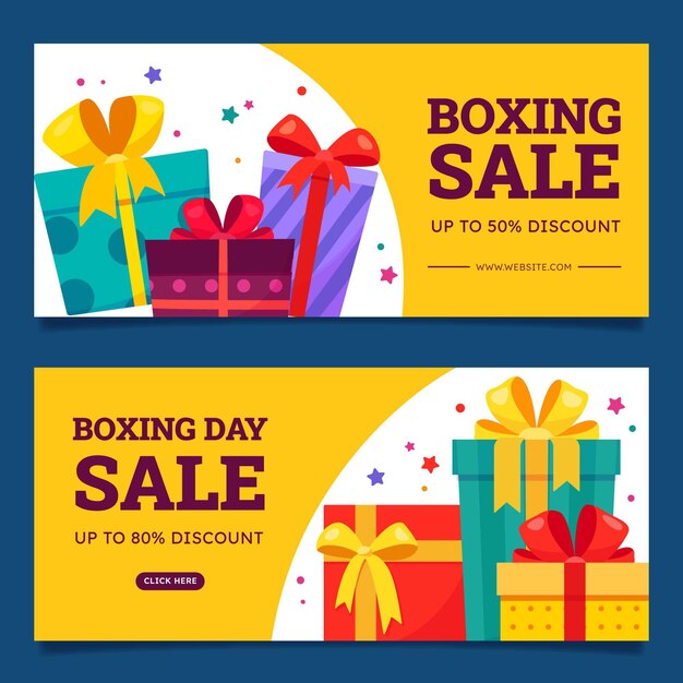 Conjunto de banners de venta horizontal de boxing day plano dibujado a mano