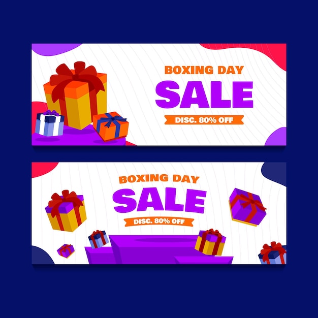 Conjunto de banners de venta horizontal de boxing day plano dibujado a mano