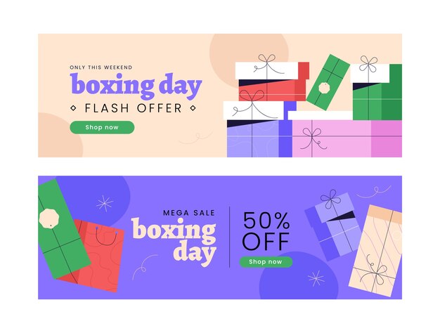 Conjunto de banners de venta horizontal de boxing day plano