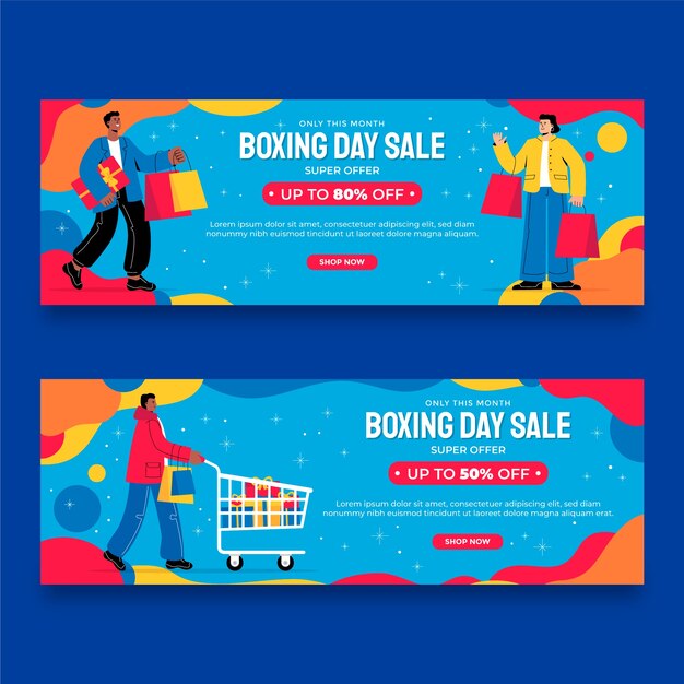 Conjunto de banners de venta horizontal de boxing day plano