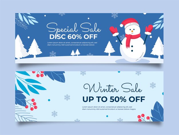Conjunto de banners de venta horizontal de celebración de temporada de invierno plana