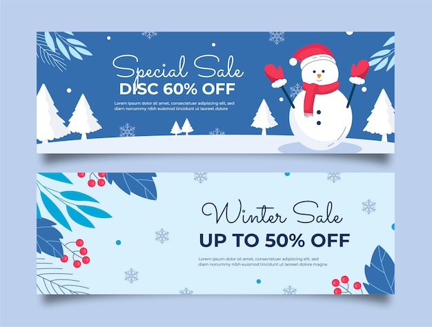 Conjunto de banners de venta horizontal de celebración de temporada de invierno plana