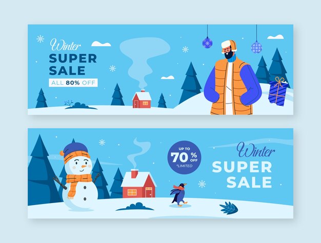 Conjunto de banners de venta horizontal de celebración de temporada de invierno plana