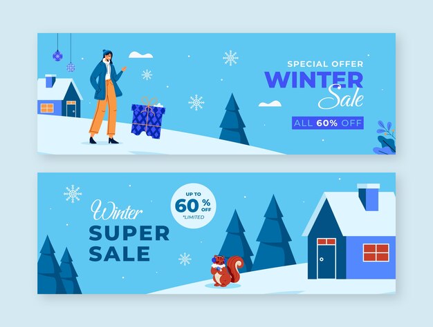 Conjunto de banners de venta horizontal de celebración de temporada de invierno plana
