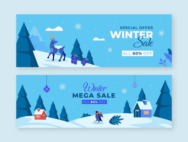 Conjunto de banners de venta horizontal de celebración de temporada de invierno plana