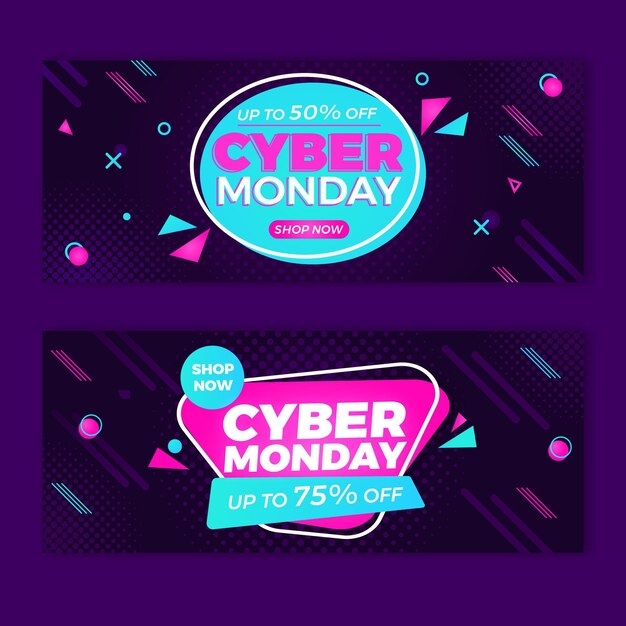 Conjunto de banners de venta horizontal de cyber monday degradado