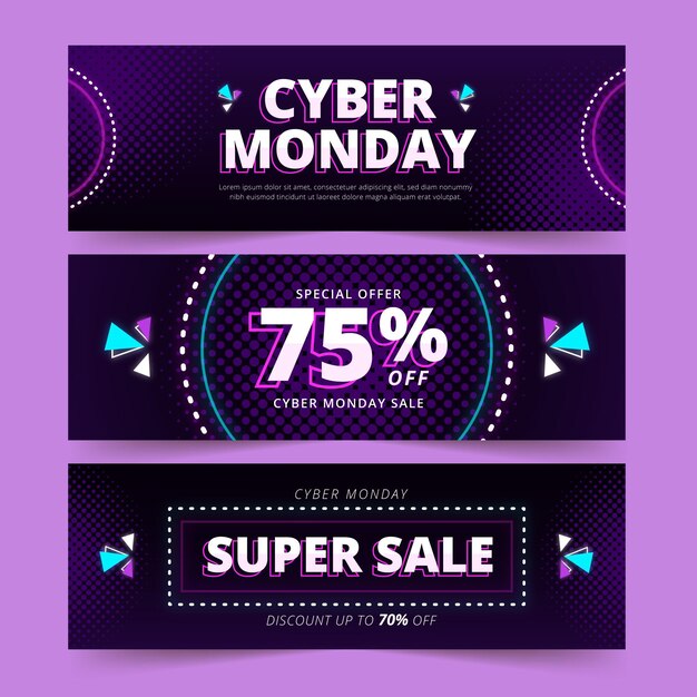 Conjunto de banners de venta horizontal de cyber monday degradado