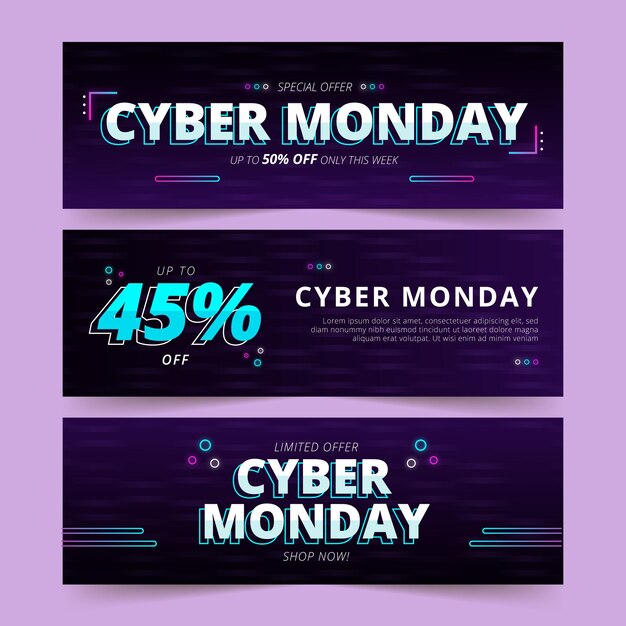 Conjunto de banners de venta horizontal de cyber monday degradado