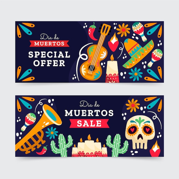 Vector gratuito conjunto de banners de venta horizontal de dia de muertos planos dibujados a mano